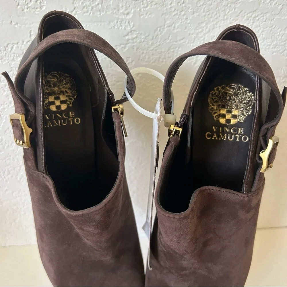 Vince Camuto Kreitha Leather Suede Stiletto Heels Booties in Root Beer Brown